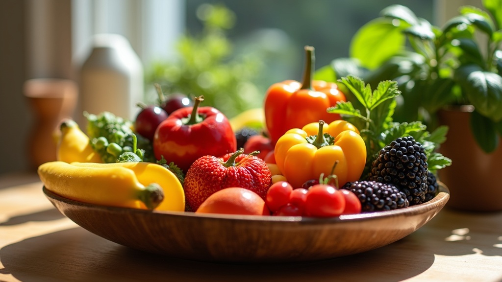 A colorful selection of fresh fruits and vegetables in a bowl